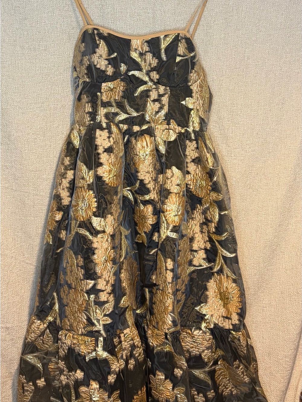 Black & Gold Floral Brocade Spaghetti Strap Dress